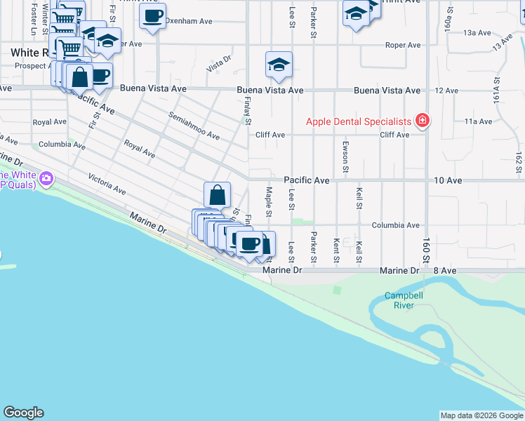 map of restaurants, bars, coffee shops, grocery stores, and more near 933 Maple Street in White Rock