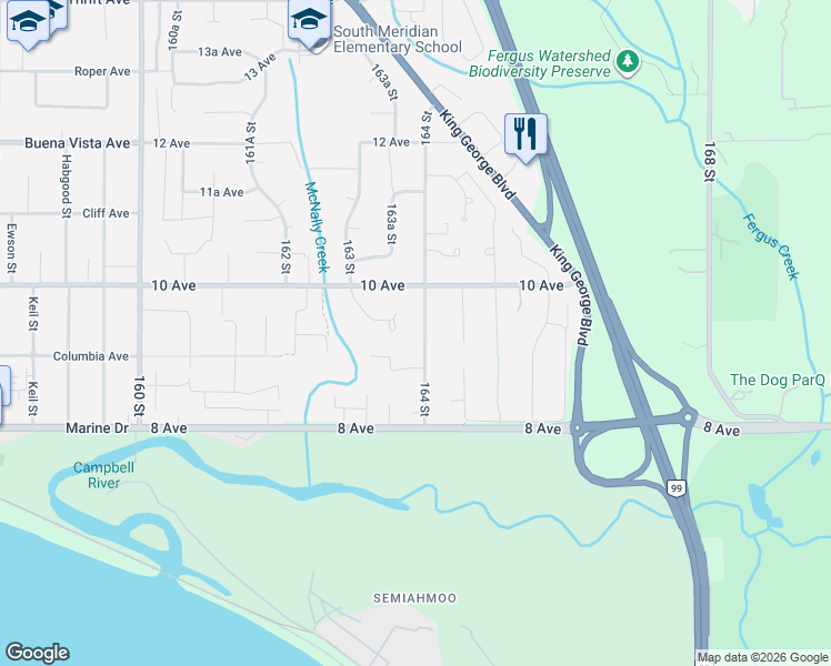 map of restaurants, bars, coffee shops, grocery stores, and more near 933 164 Street in Surrey
