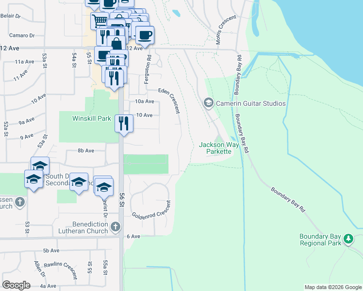 map of restaurants, bars, coffee shops, grocery stores, and more near 894 Eden Crescent in Delta