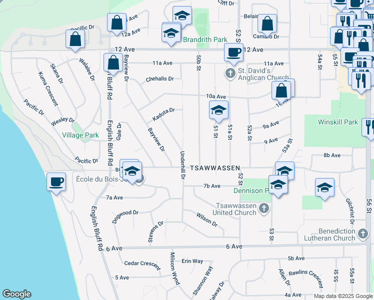 map of restaurants, bars, coffee shops, grocery stores, and more near 892 50 Street in Delta