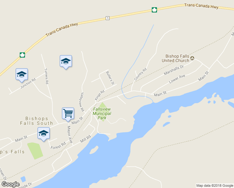 map of restaurants, bars, coffee shops, grocery stores, and more near 534 Main Street in Bishop's Falls