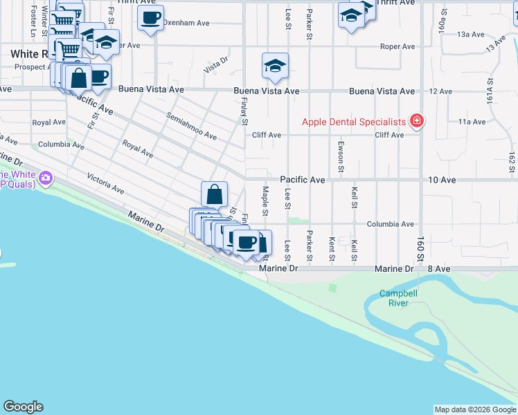 map of restaurants, bars, coffee shops, grocery stores, and more near 939 Maple Street in White Rock