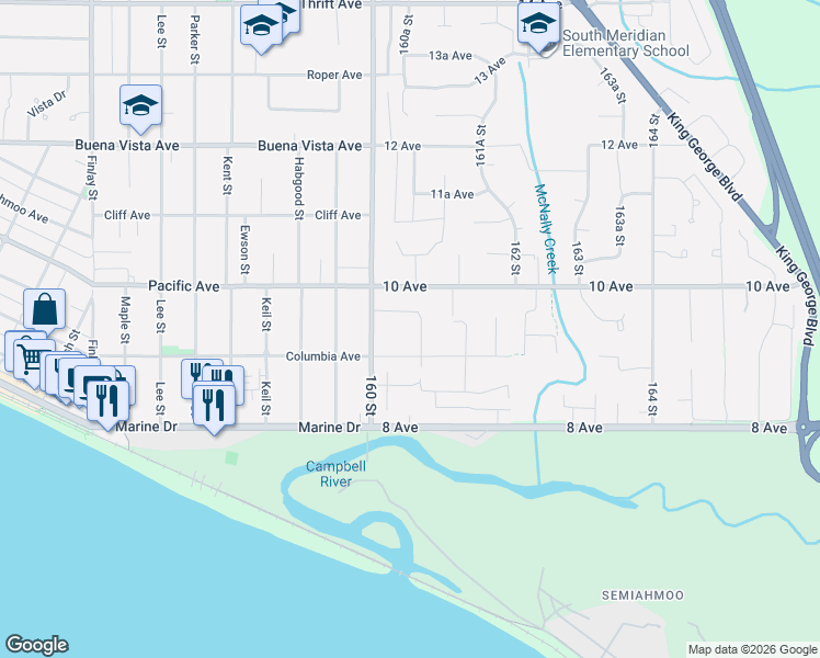 map of restaurants, bars, coffee shops, grocery stores, and more near 937 160B Street in Surrey