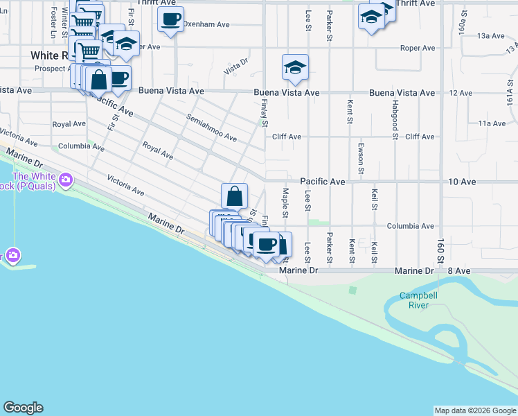 map of restaurants, bars, coffee shops, grocery stores, and more near 932 Ash Street in White Rock