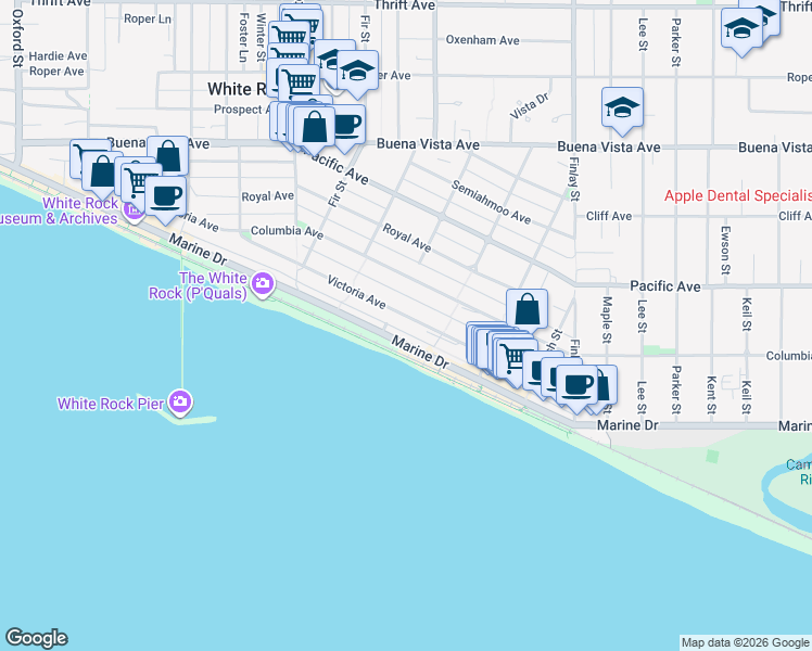 map of restaurants, bars, coffee shops, grocery stores, and more near 15352 Victoria Avenue in White Rock