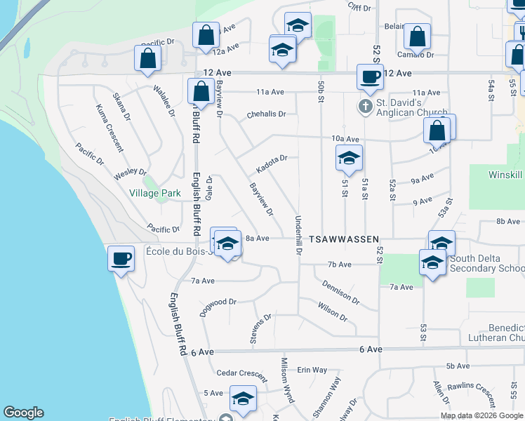 map of restaurants, bars, coffee shops, grocery stores, and more near 899 Bayview Drive in Delta
