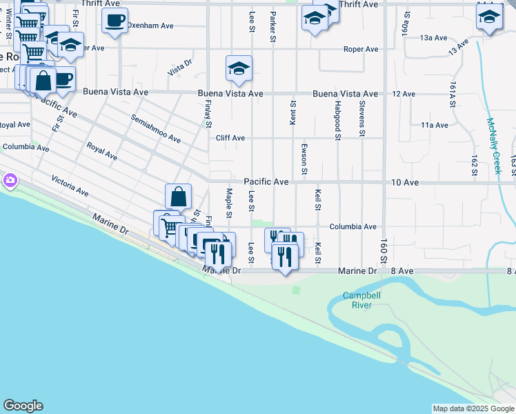 map of restaurants, bars, coffee shops, grocery stores, and more near 942 Lee Street in White Rock