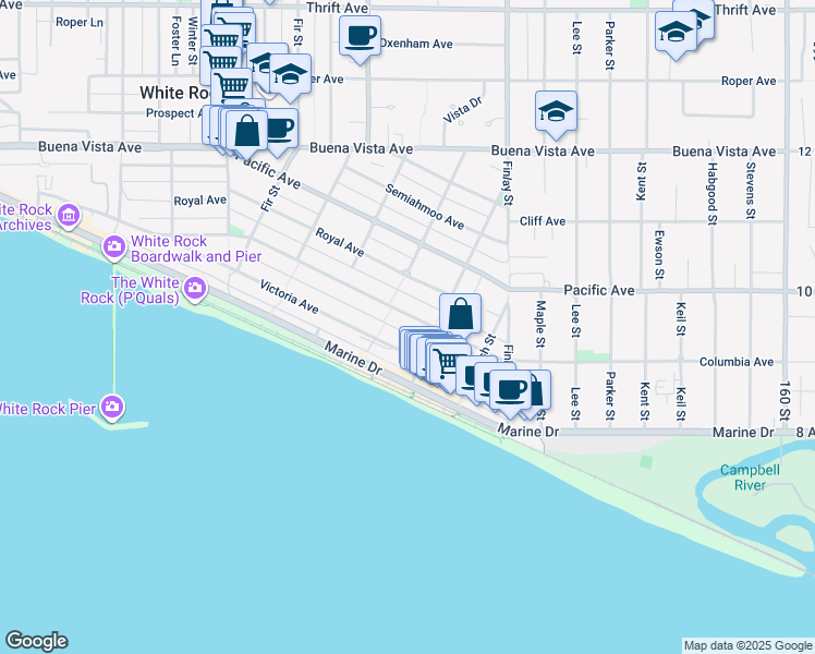 map of restaurants, bars, coffee shops, grocery stores, and more near 15464 Columbia Avenue in White Rock
