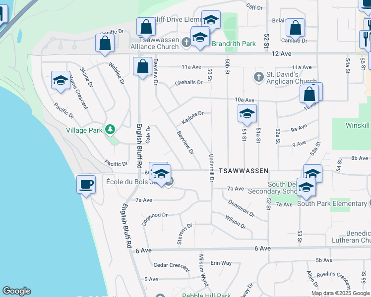 map of restaurants, bars, coffee shops, grocery stores, and more near 903 Bayview Drive in Delta
