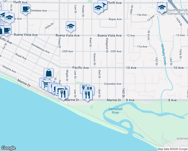 map of restaurants, bars, coffee shops, grocery stores, and more near in White Rock