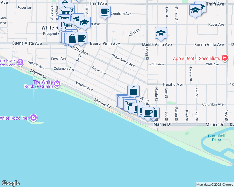 map of restaurants, bars, coffee shops, grocery stores, and more near 15456 Columbia Avenue in White Rock