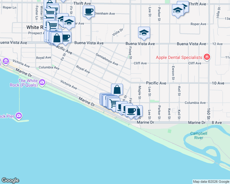 map of restaurants, bars, coffee shops, grocery stores, and more near 15519 Columbia Avenue in White Rock