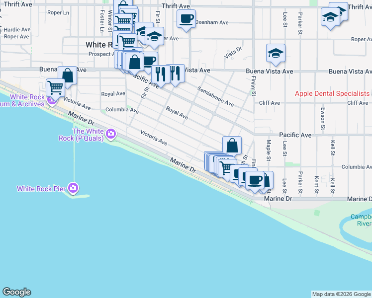 map of restaurants, bars, coffee shops, grocery stores, and more near 15373 Victoria Avenue in White Rock