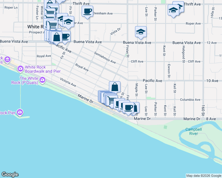 map of restaurants, bars, coffee shops, grocery stores, and more near 15507 Columbia Avenue in White Rock