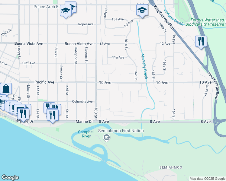 map of restaurants, bars, coffee shops, grocery stores, and more near 960 160B Street in Surrey