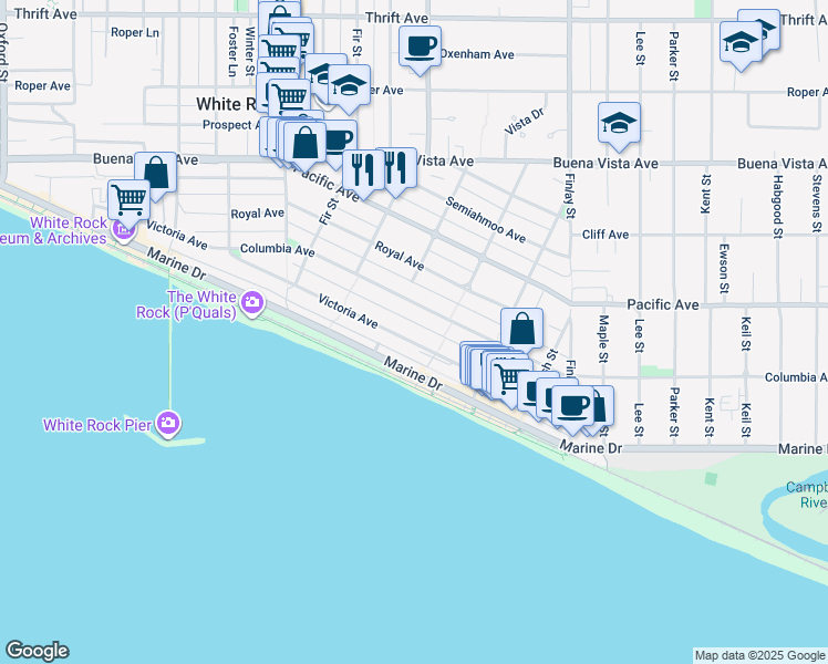 map of restaurants, bars, coffee shops, grocery stores, and more near 15365 Victoria Avenue in White Rock