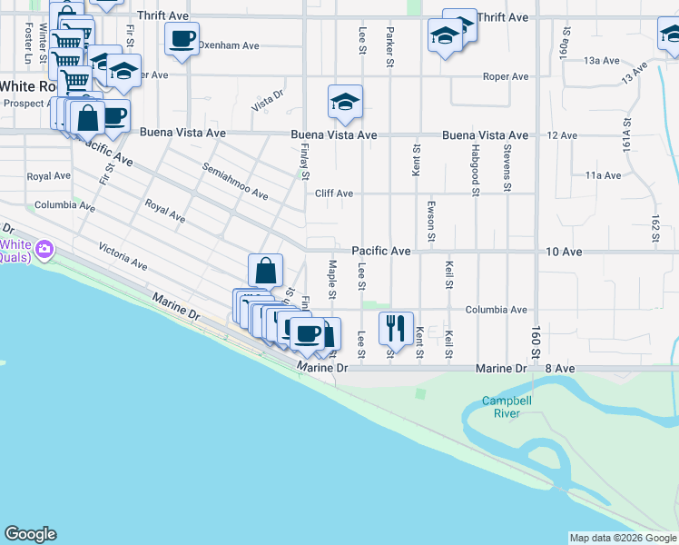 map of restaurants, bars, coffee shops, grocery stores, and more near 962 Maple Street in White Rock