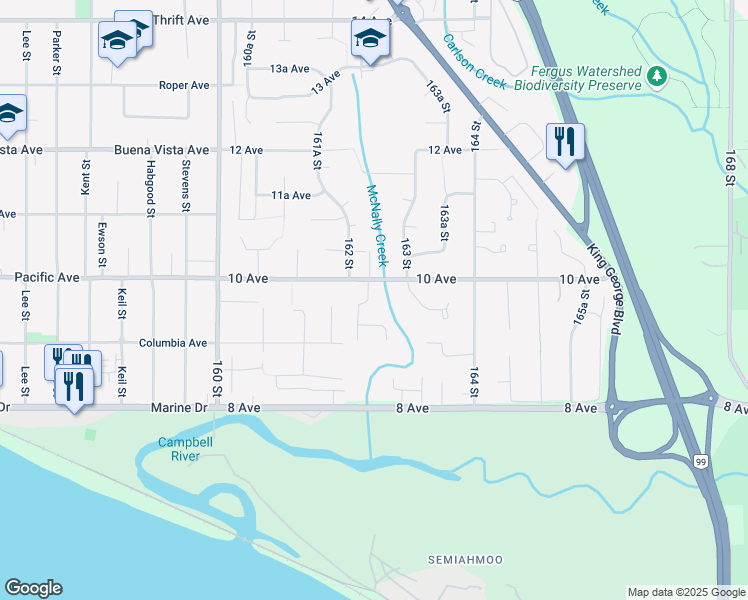 map of restaurants, bars, coffee shops, grocery stores, and more near in Surrey