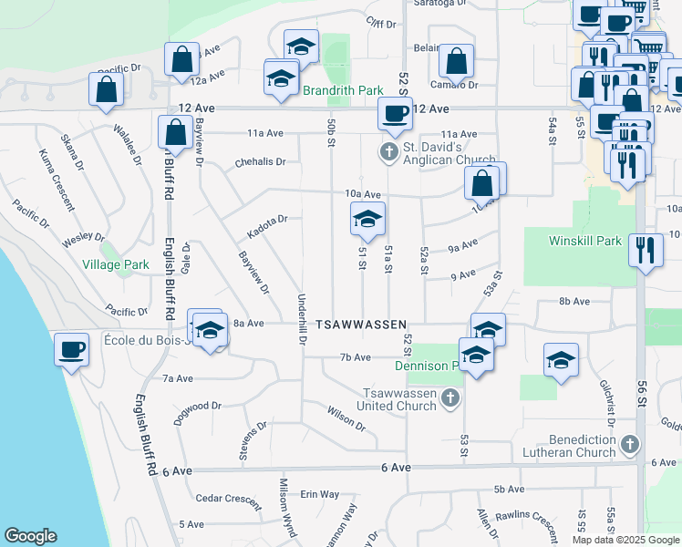 map of restaurants, bars, coffee shops, grocery stores, and more near 918 50B Street in Delta