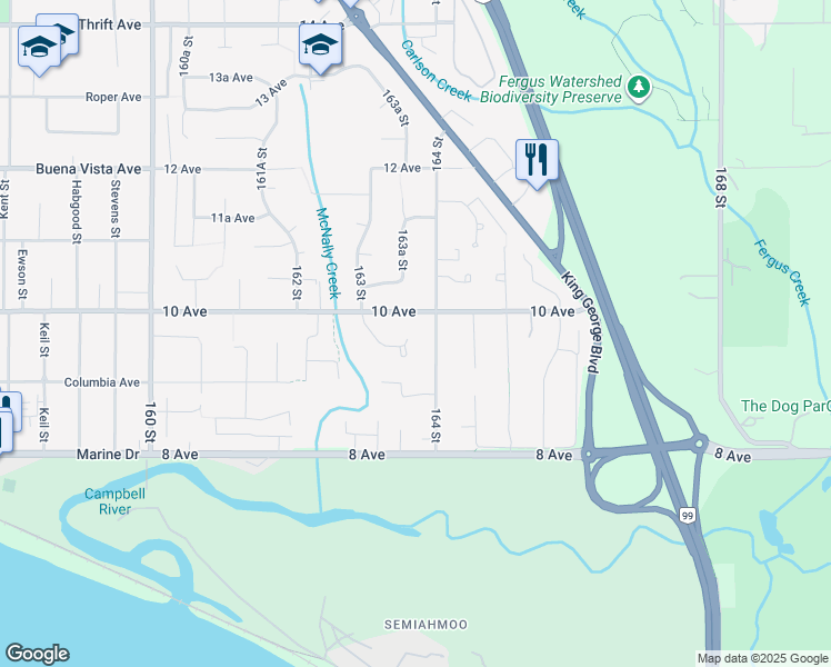 map of restaurants, bars, coffee shops, grocery stores, and more near 918 163 Street in Surrey