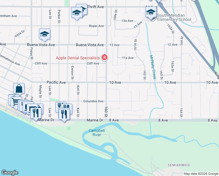 map of restaurants, bars, coffee shops, grocery stores, and more near 16019 9A Avenue in Surrey