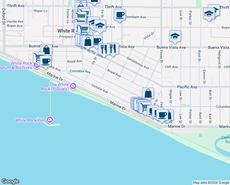 map of restaurants, bars, coffee shops, grocery stores, and more near 15349 Victoria Avenue in White Rock
