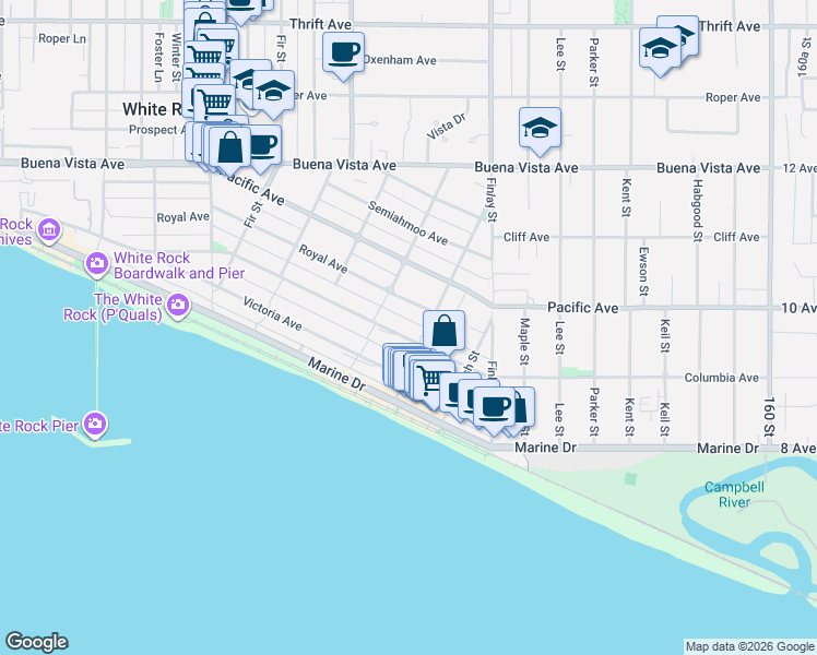 map of restaurants, bars, coffee shops, grocery stores, and more near 15477 Columbia Avenue in White Rock