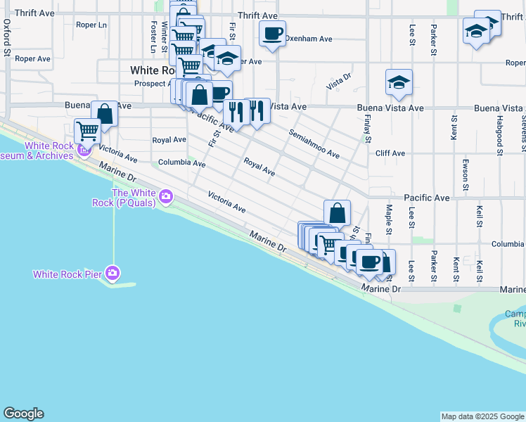 map of restaurants, bars, coffee shops, grocery stores, and more near in White Rock