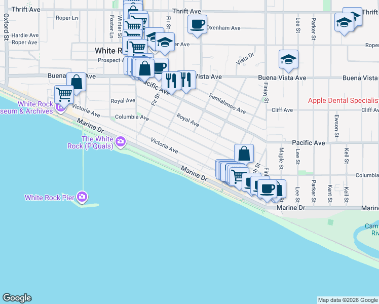 map of restaurants, bars, coffee shops, grocery stores, and more near 15349 Victoria Avenue in White Rock