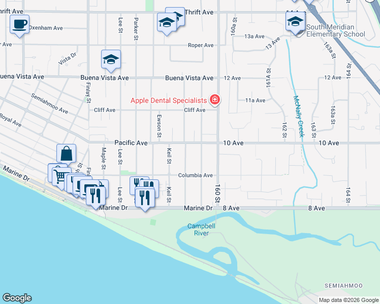 map of restaurants, bars, coffee shops, grocery stores, and more near 976 Habgood Street in White Rock