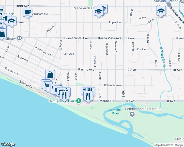 map of restaurants, bars, coffee shops, grocery stores, and more near 976 Kent Street in White Rock