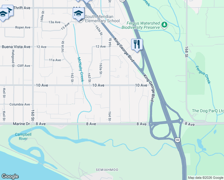 map of restaurants, bars, coffee shops, grocery stores, and more near 980 164 Street in Surrey