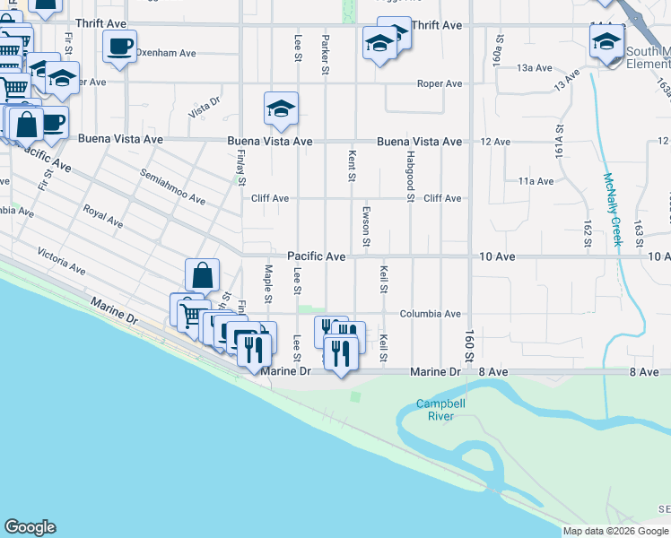 map of restaurants, bars, coffee shops, grocery stores, and more near in White Rock
