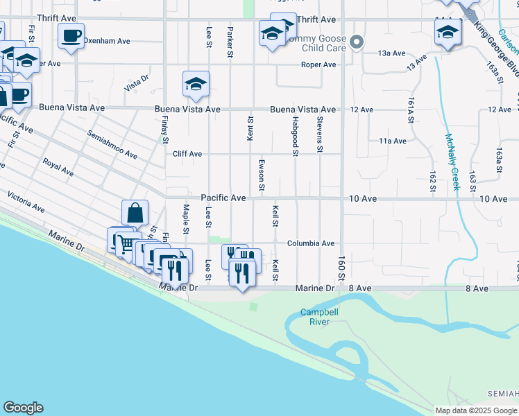 map of restaurants, bars, coffee shops, grocery stores, and more near 976 Kent Street in White Rock