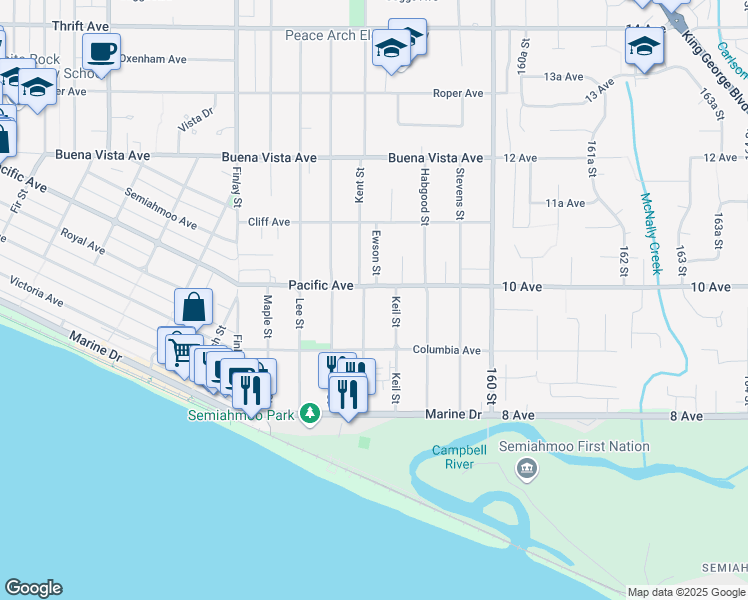 map of restaurants, bars, coffee shops, grocery stores, and more near in White Rock