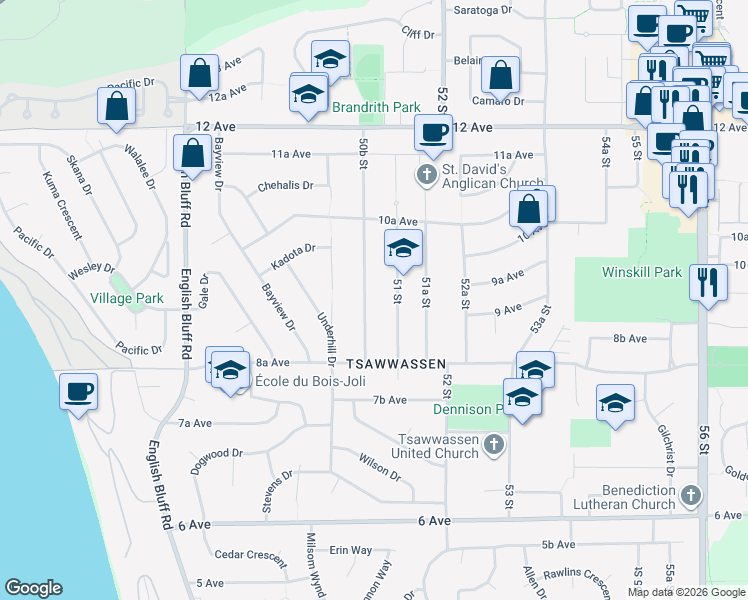 map of restaurants, bars, coffee shops, grocery stores, and more near 930 50B Street in Delta