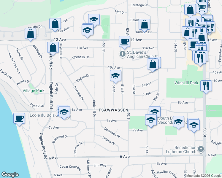 map of restaurants, bars, coffee shops, grocery stores, and more near 947 51 Street in Delta