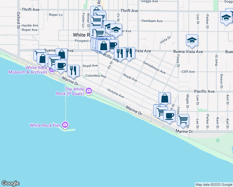 map of restaurants, bars, coffee shops, grocery stores, and more near Victoria Avenue in White Rock