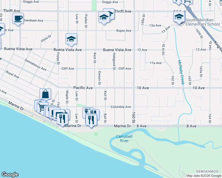 map of restaurants, bars, coffee shops, grocery stores, and more near 15884 Pacific Avenue in White Rock