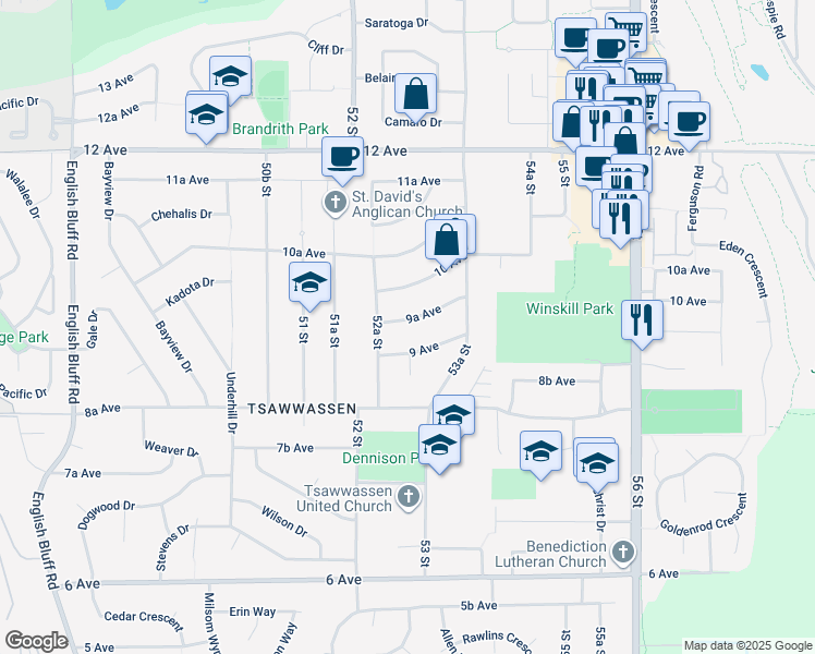 map of restaurants, bars, coffee shops, grocery stores, and more near 5270 9A Avenue in Delta