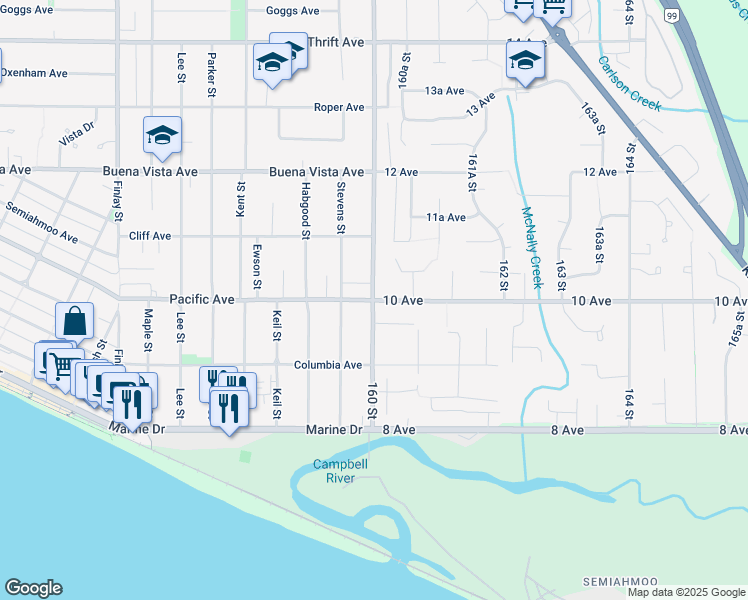 map of restaurants, bars, coffee shops, grocery stores, and more near Pacific Ave & Stayte Rd in White Rock