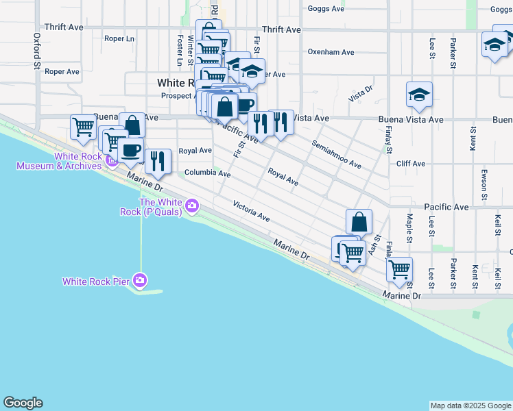 map of restaurants, bars, coffee shops, grocery stores, and more near 15283 Victoria Avenue in White Rock