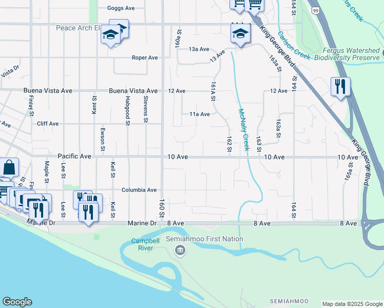 map of restaurants, bars, coffee shops, grocery stores, and more near 16091 10 Avenue in Surrey