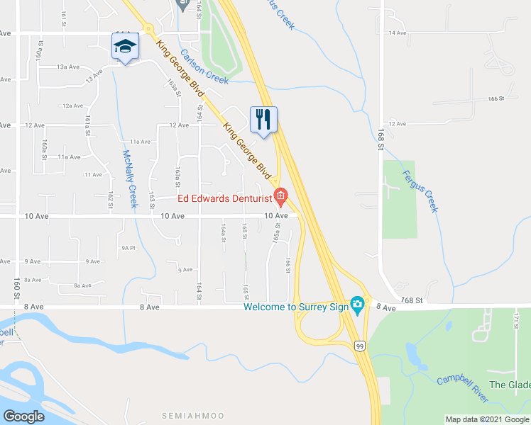 map of restaurants, bars, coffee shops, grocery stores, and more near 16545 10 Avenue in Surrey