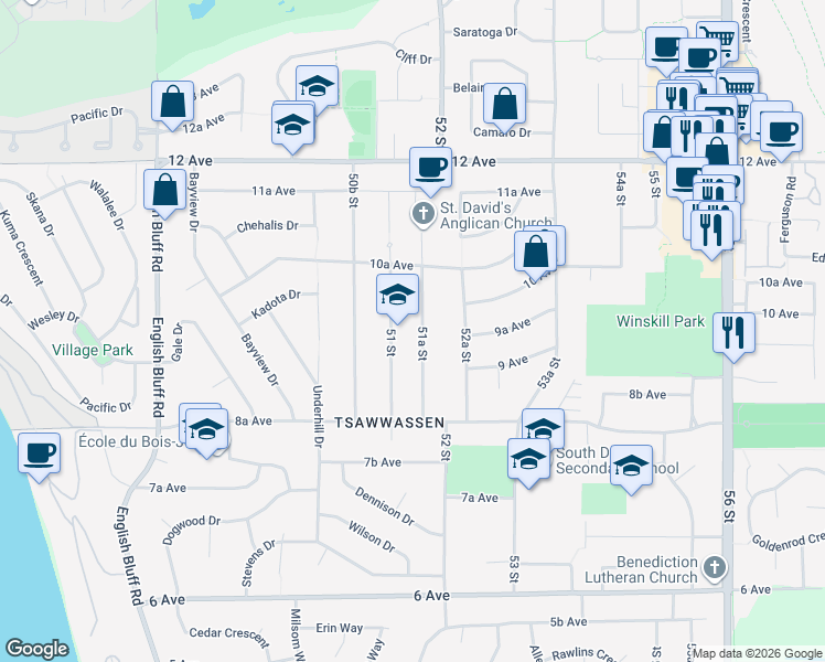 map of restaurants, bars, coffee shops, grocery stores, and more near 963 51A Street in Delta