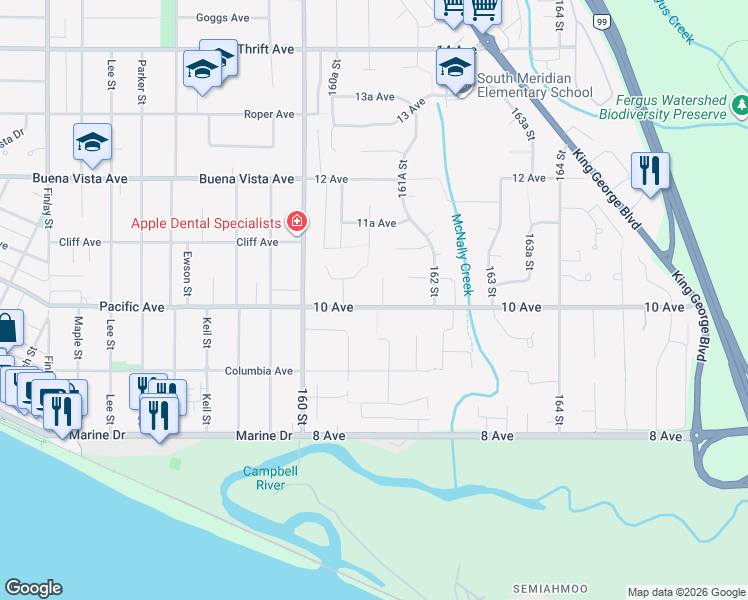map of restaurants, bars, coffee shops, grocery stores, and more near 16111 10 Avenue in Surrey