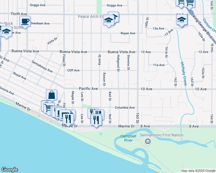 map of restaurants, bars, coffee shops, grocery stores, and more near 15837 Pacific Avenue in White Rock
