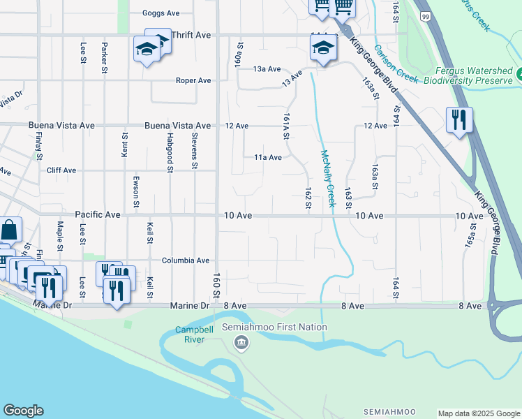 map of restaurants, bars, coffee shops, grocery stores, and more near 16097 10 Avenue in Surrey