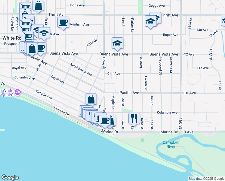 map of restaurants, bars, coffee shops, grocery stores, and more near 15645 Pacific Avenue in White Rock