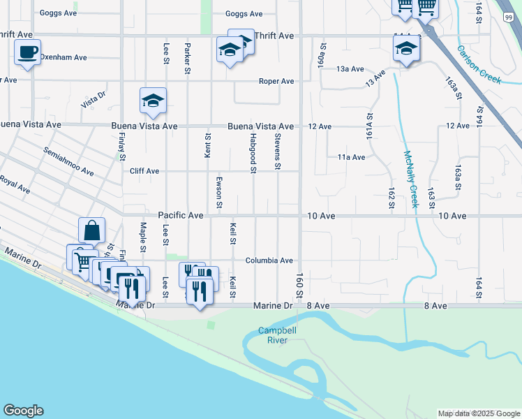 map of restaurants, bars, coffee shops, grocery stores, and more near 15919 Pacific Avenue in White Rock